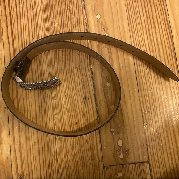 BRIGHTON EMBOSSED PATENT LEATHER BELT W/ HEART SILVER CRYSTAL BUCKLE BLING L34 - Picture 6 of 9